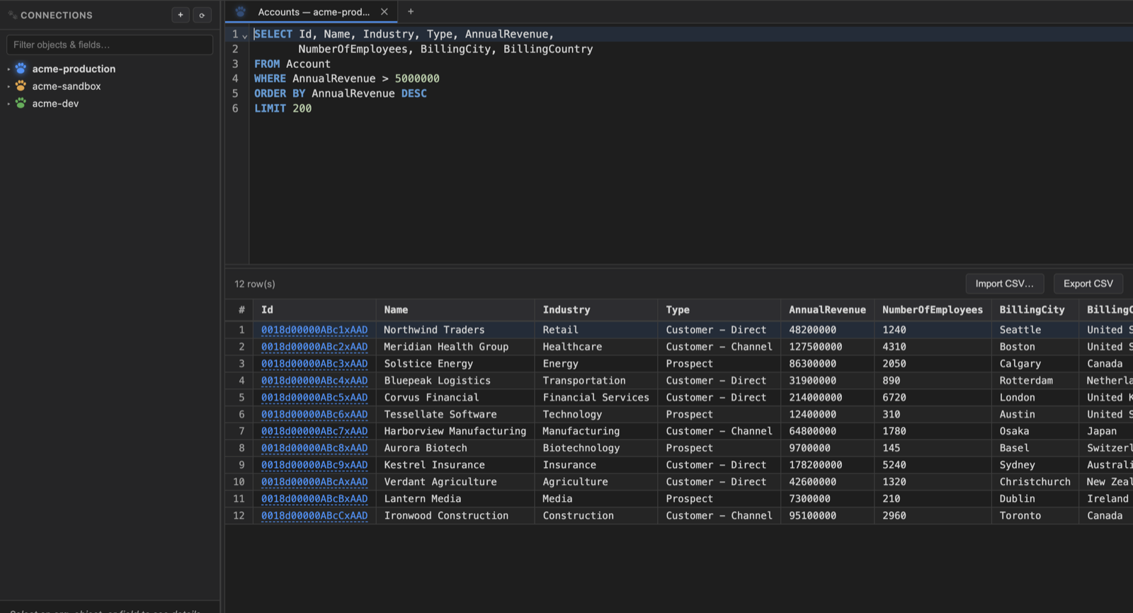 DataPaw showing connected Salesforce orgs, a SOQL editor and a results grid.
